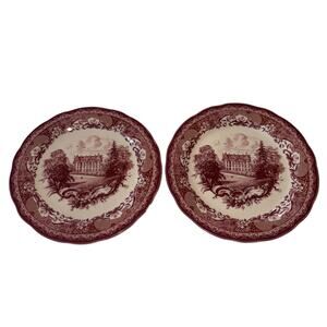 Set of 2 Johnson Brother Old Britain Castles Pink Red Transferware Plates